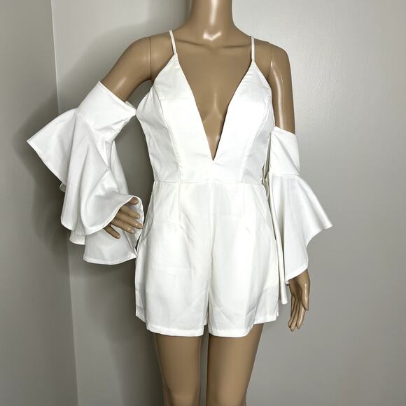 Luxxel Pants - Luxxel White Low Cut Batwing Sleeve Romper